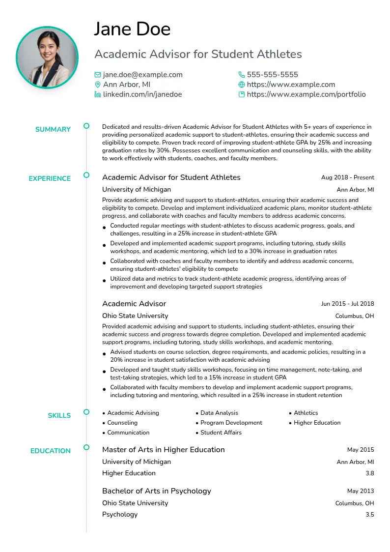 Academic Advisor for Student Athletes resume example