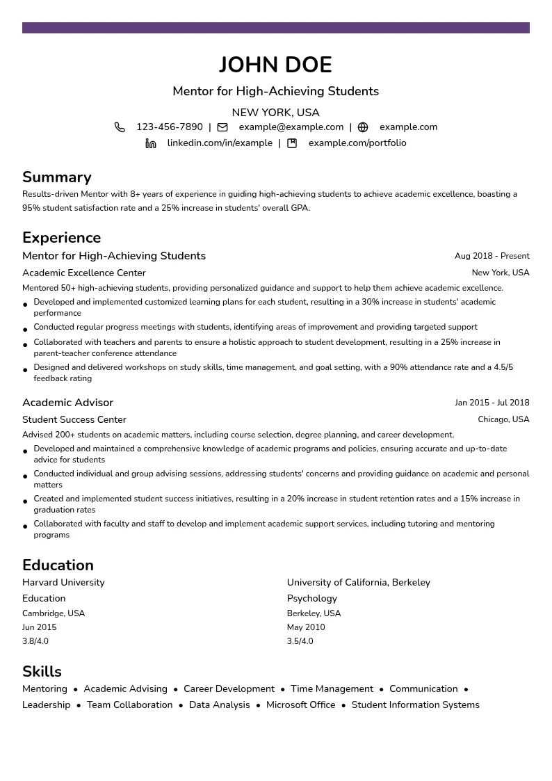 Mentor for High-Achieving Students resume example