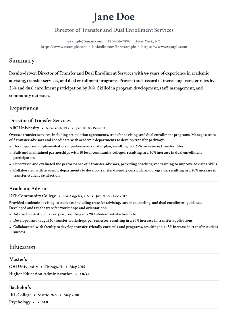 Director of Transfer and Dual Enrollment Services resume example