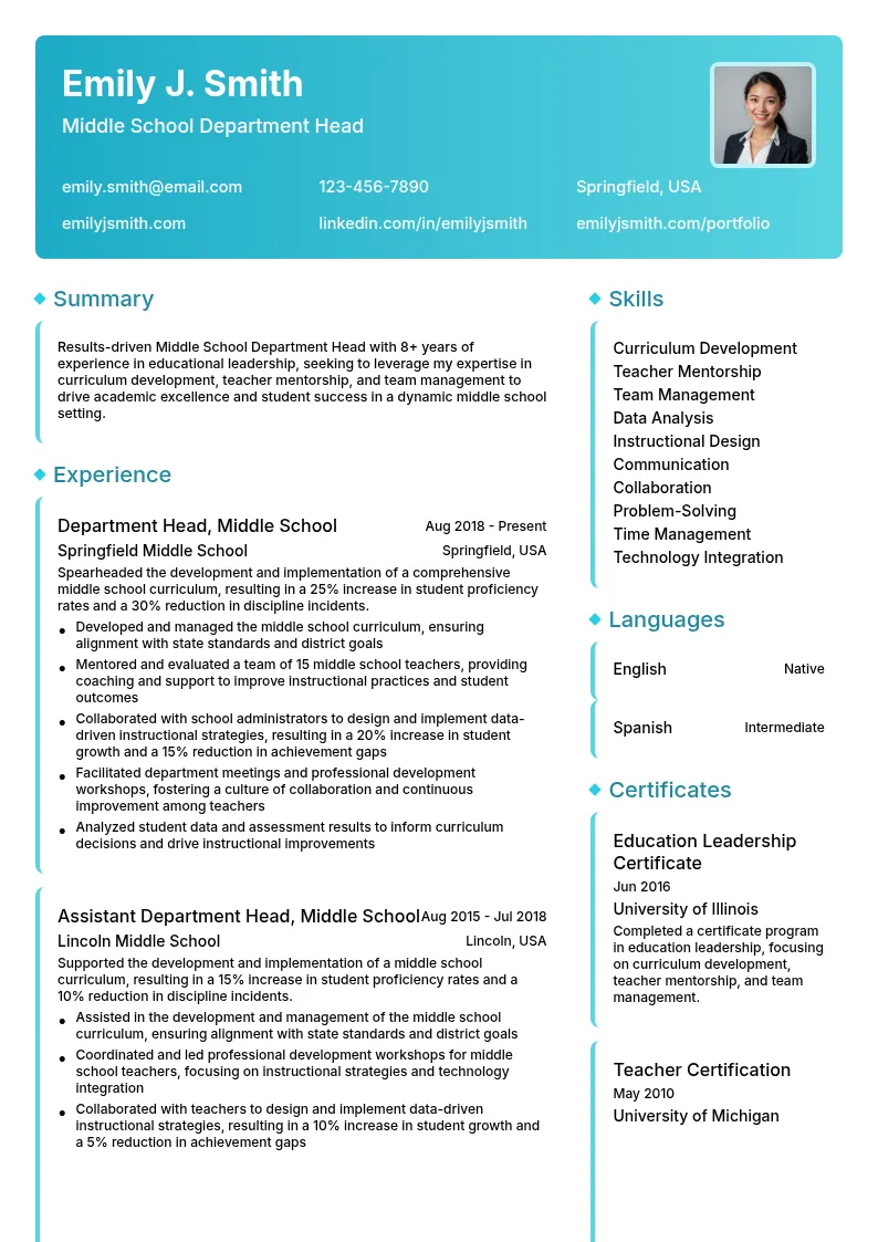 Middle School Department Head resume example