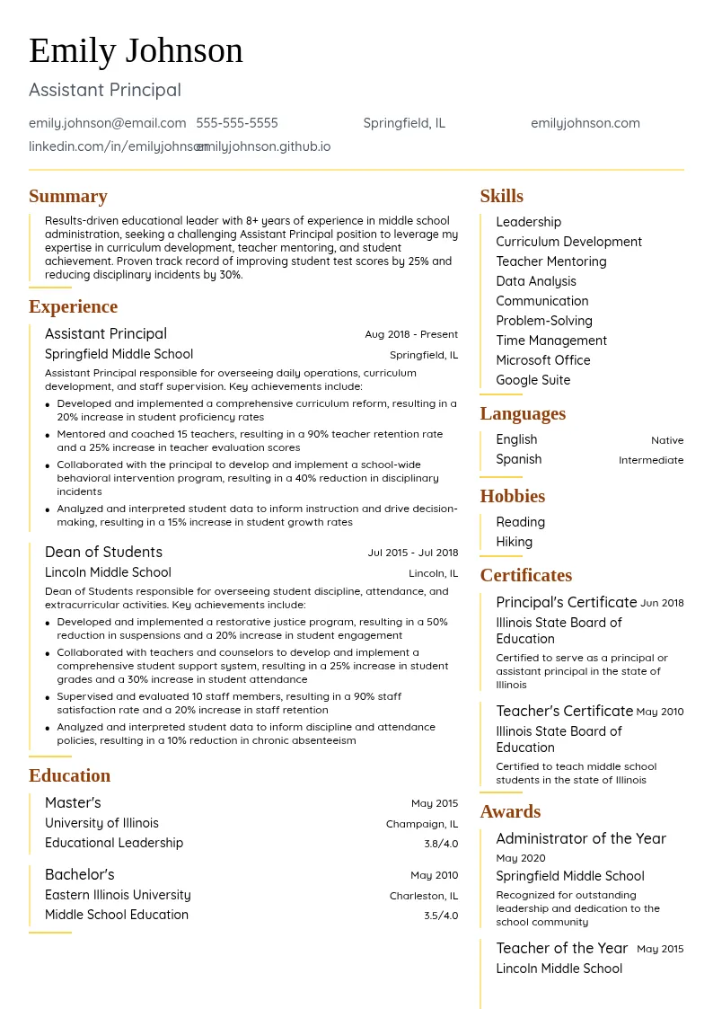 Middle School Assistant Principal resume example