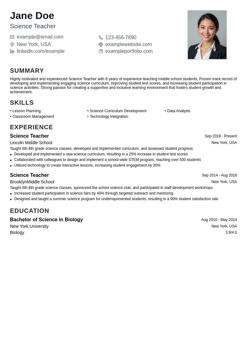 Science Teacher resume example