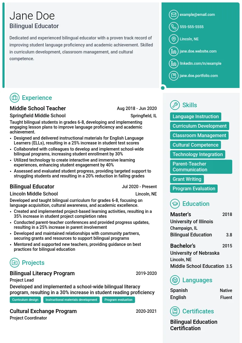 Bilingual Educator resume example