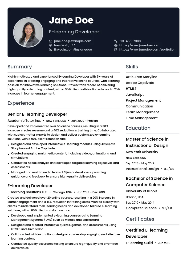 E-learning Developer resume example