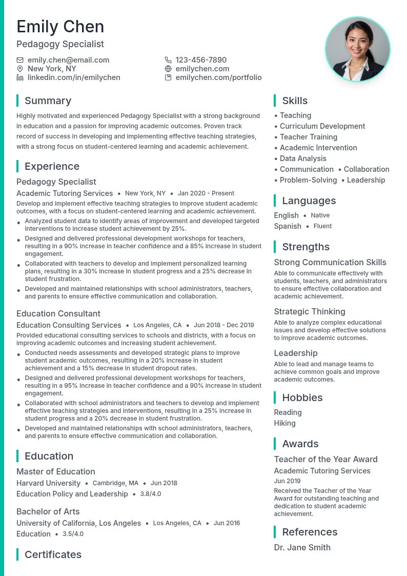 Pedagogy Specialist resume example
