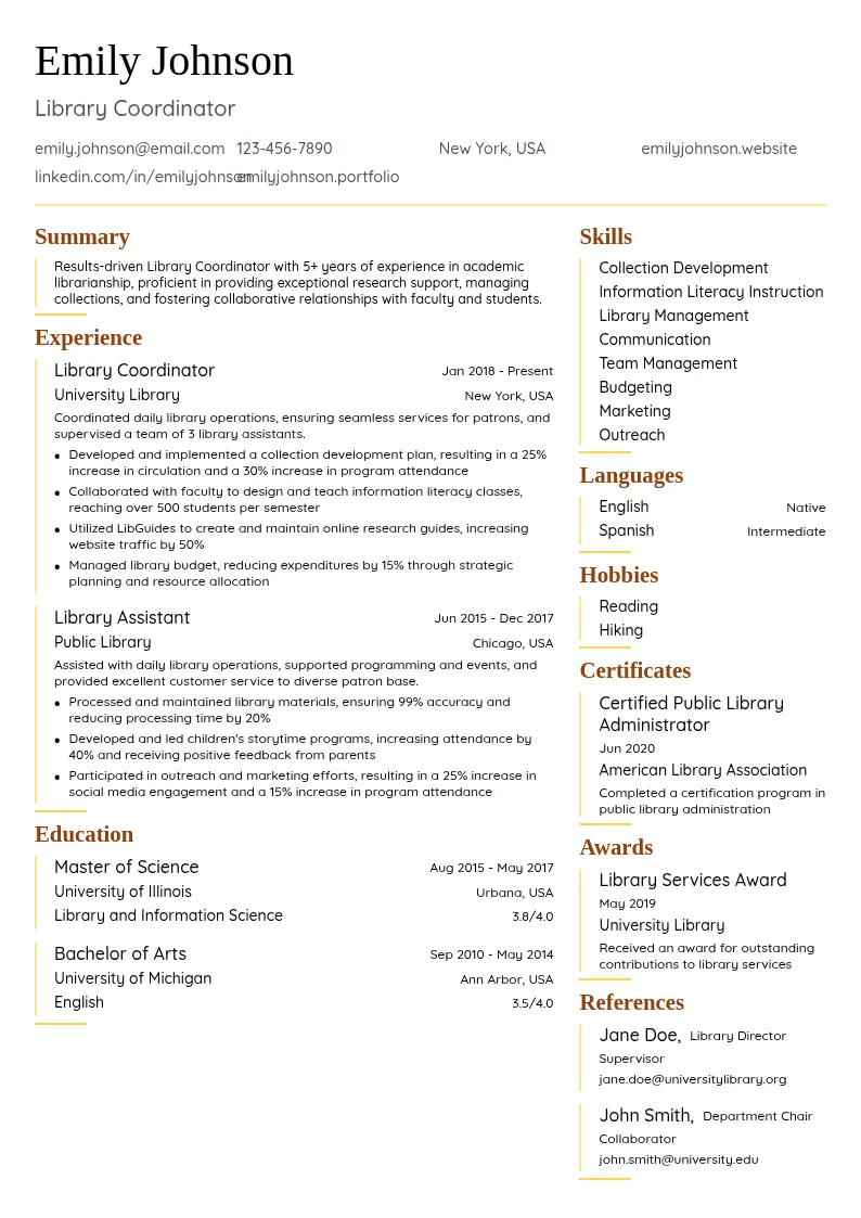Library Coordinator resume example