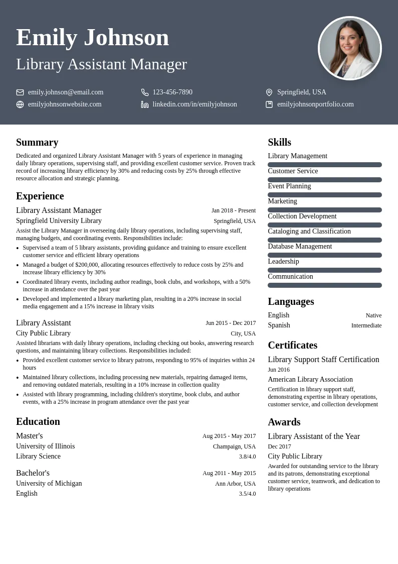 Library Assistant Manager resume example