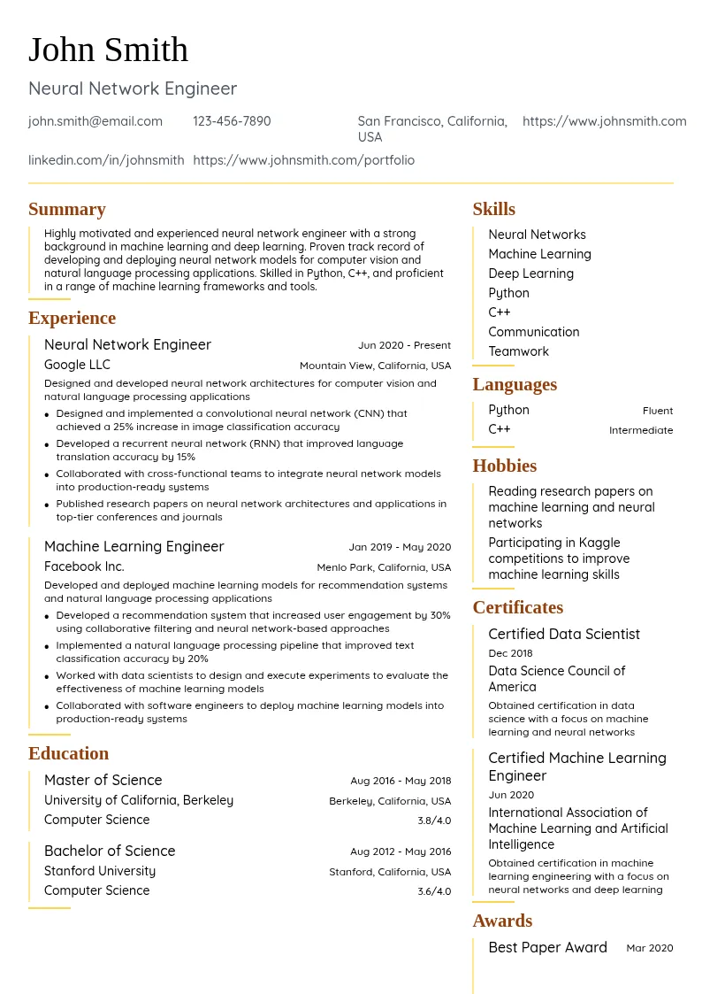 Neural Network Engineer  resume example