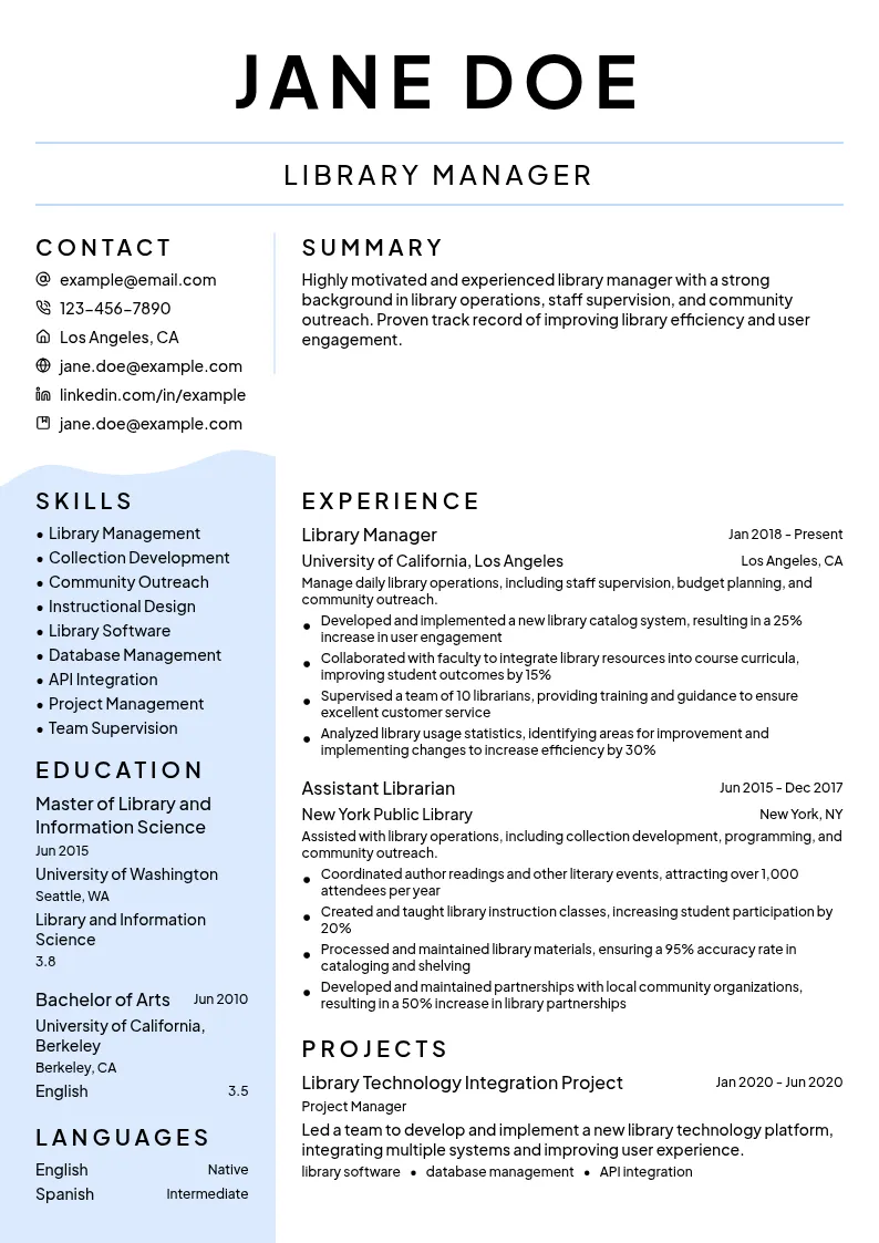 Library Manager resume example