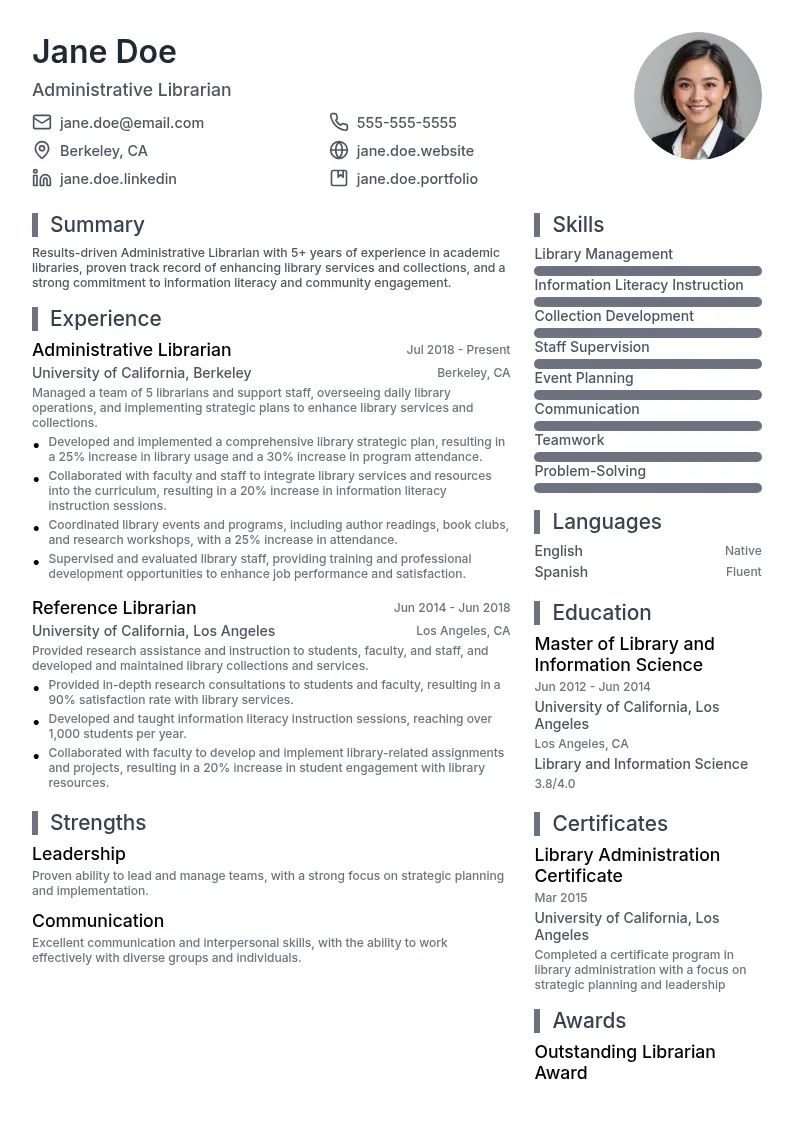 Administrative Librarian resume example