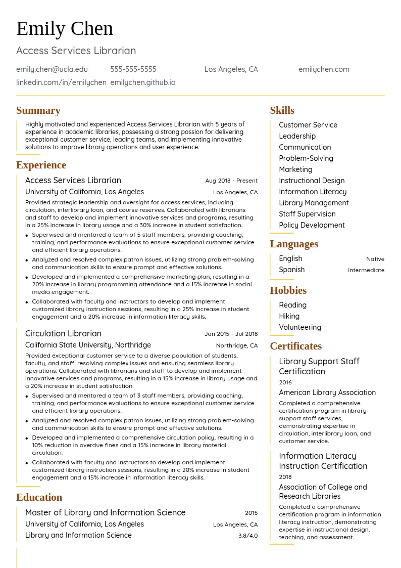 Access Services Librarian resume example