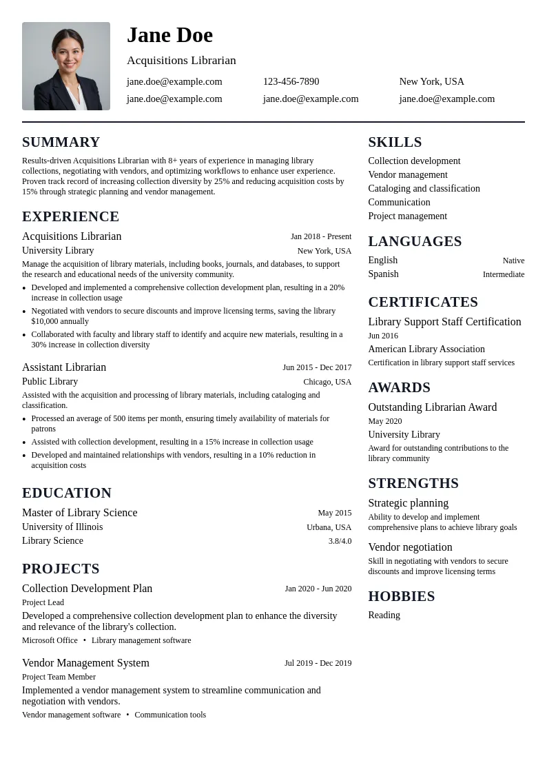 Acquisitions Librarian resume example