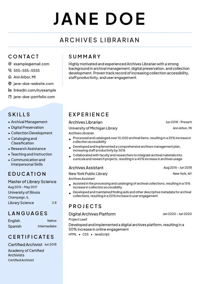 Archives Librarian resume example