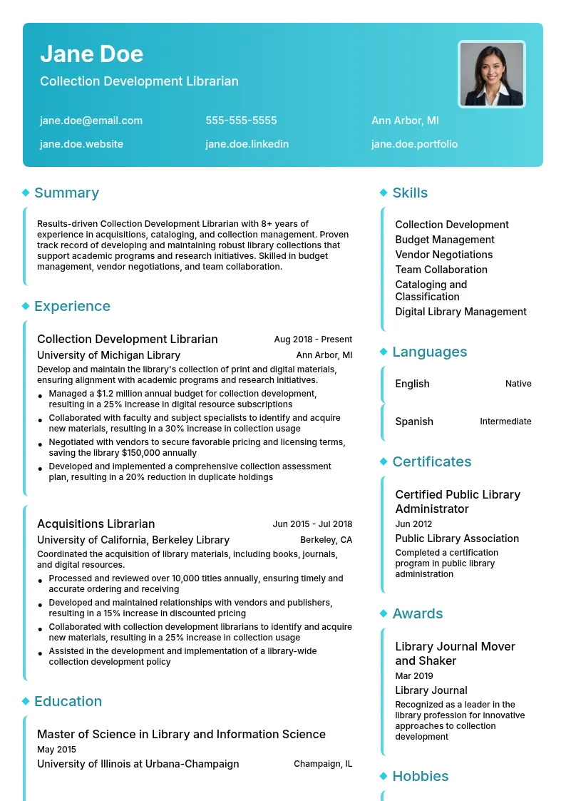 Collection Development Librarian resume example