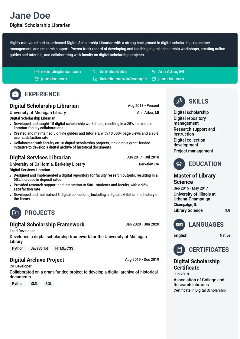 Digital Scholarship Librarian resume example