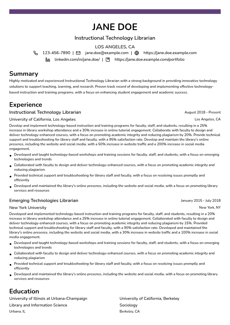 Instructional Technology Librarian resume example