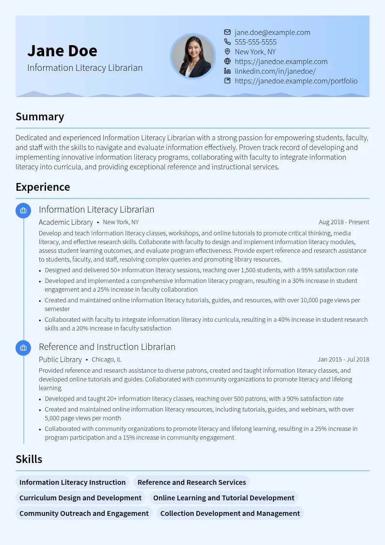 Information Literacy Librarian resume example