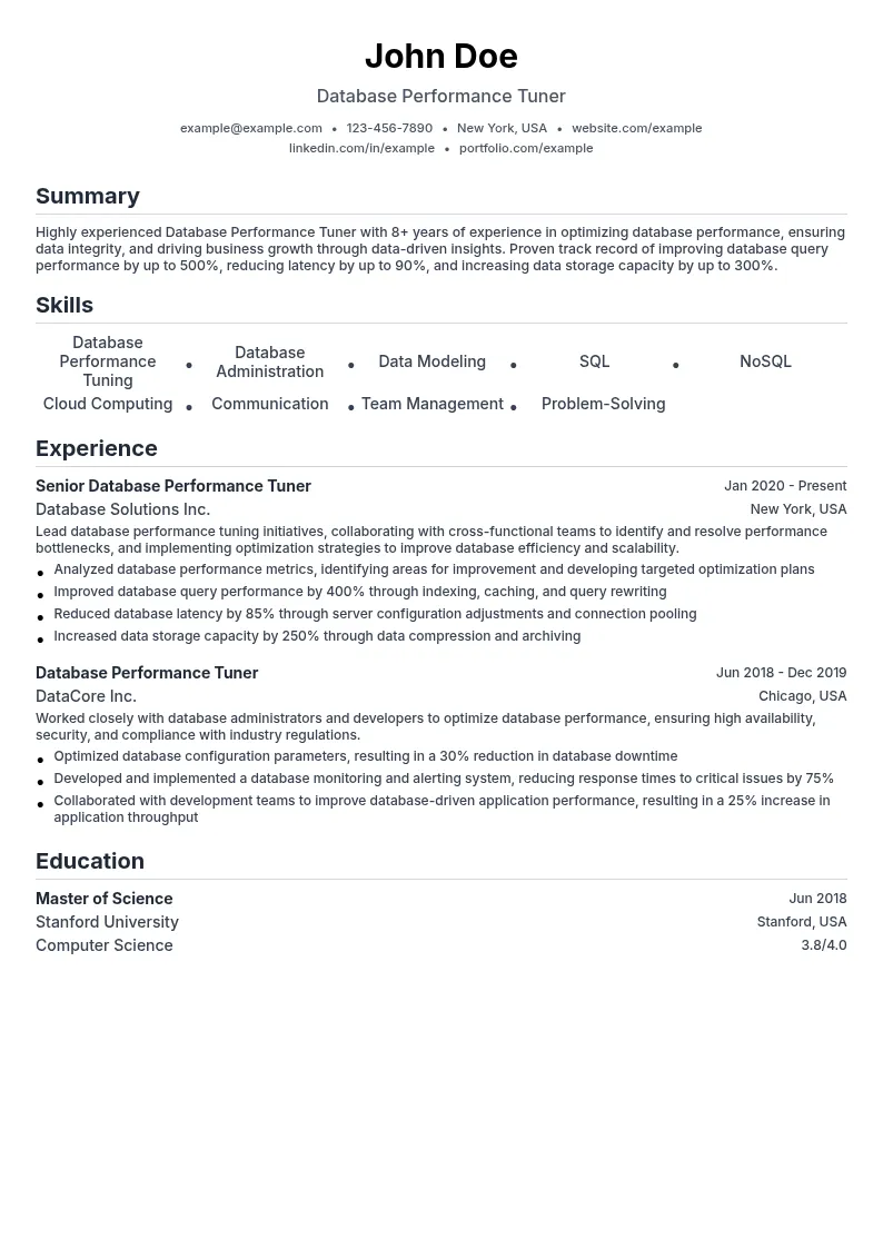 Database Performance Tuner resume example