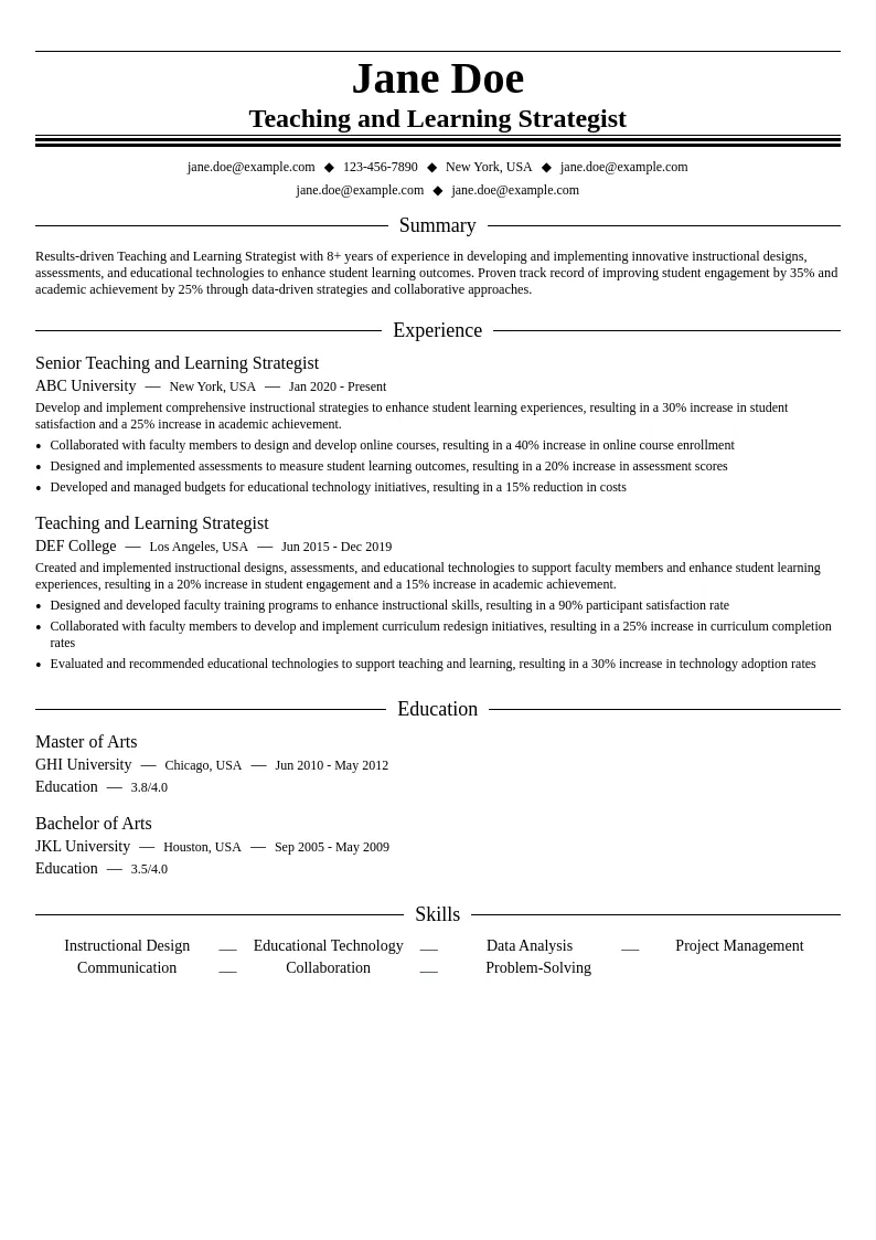 Teaching and Learning Strategist resume example