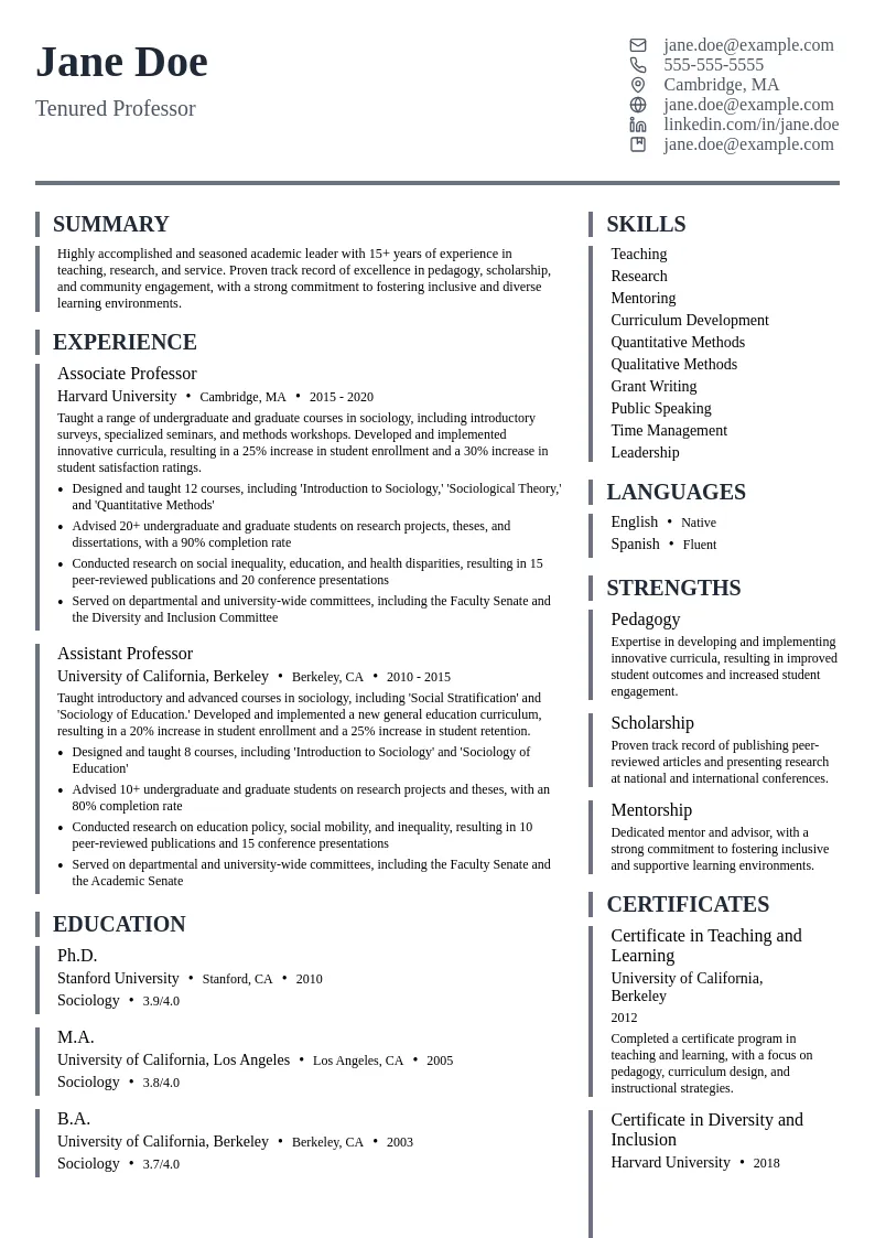 Tenured Professor resume example