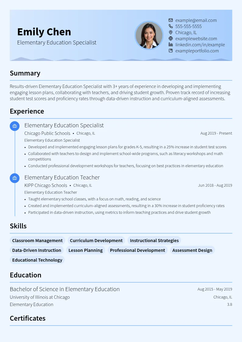  elementary education specialist resume example