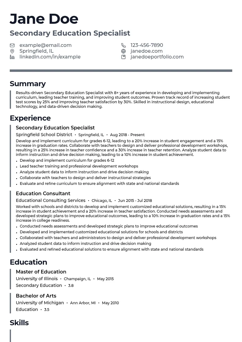 secondary education specialist resume example
