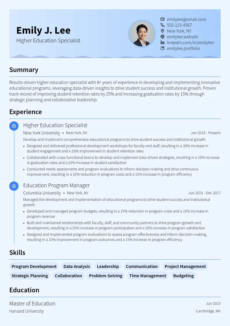 higher education specialist resume example