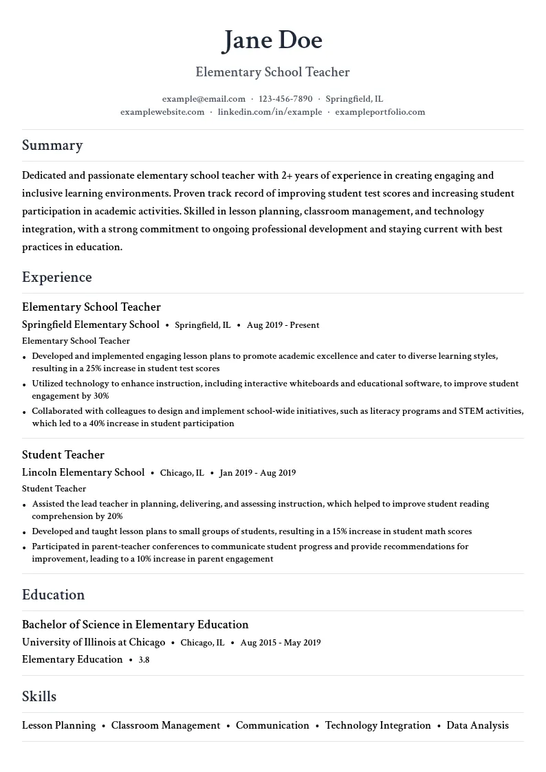 elementary school teacher resume example