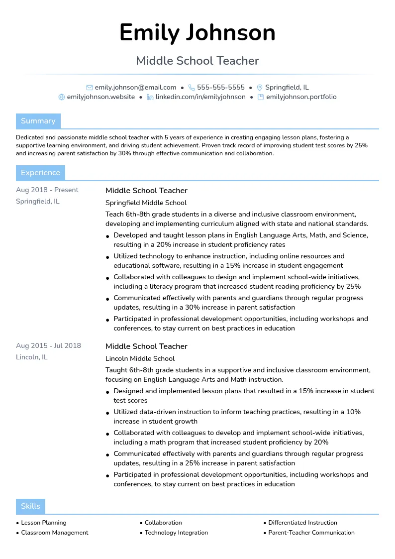 middle school teacher resume example