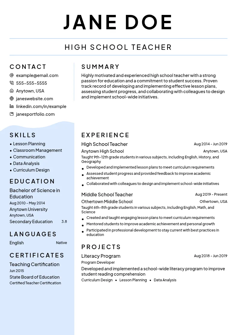  high school teacher resume example