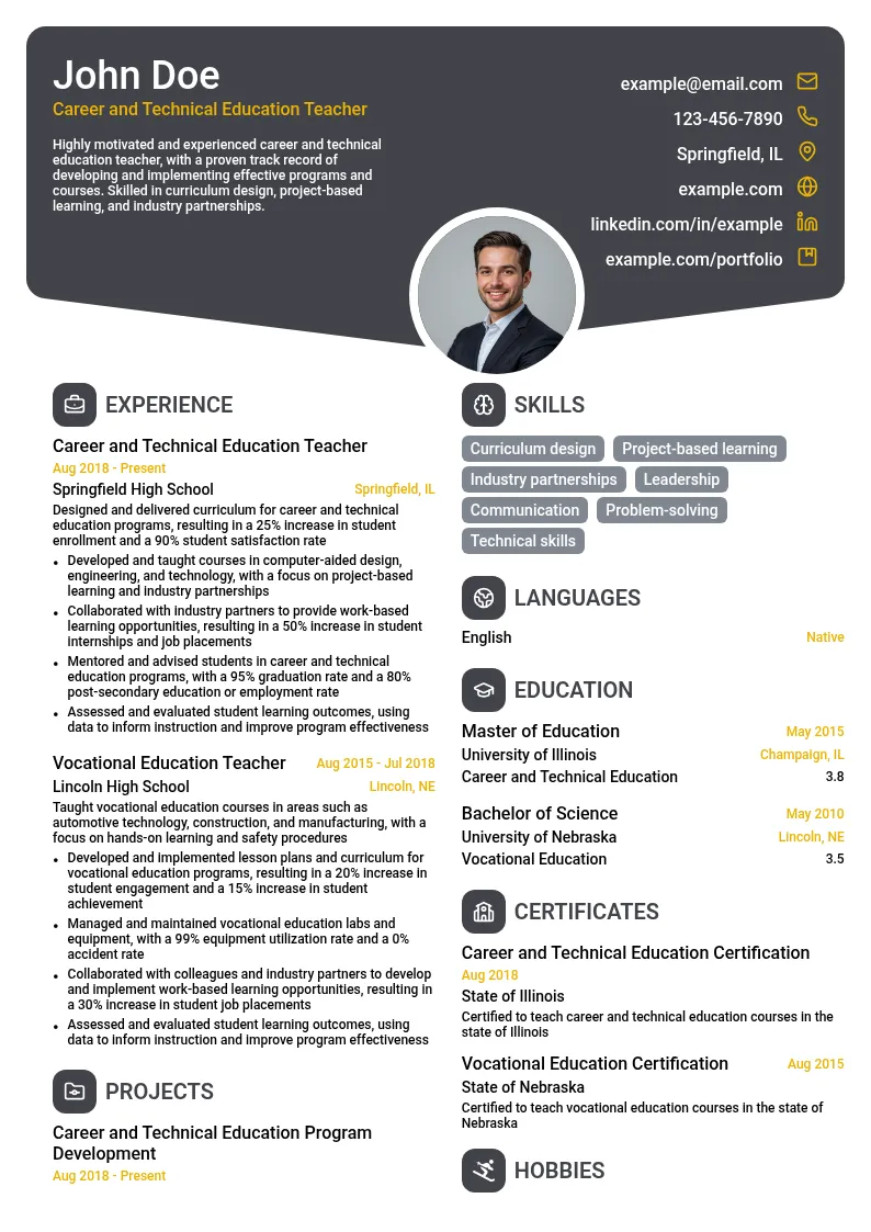 career and technical education teacher resume example