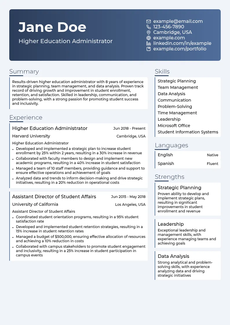 higher education administrator resume example
