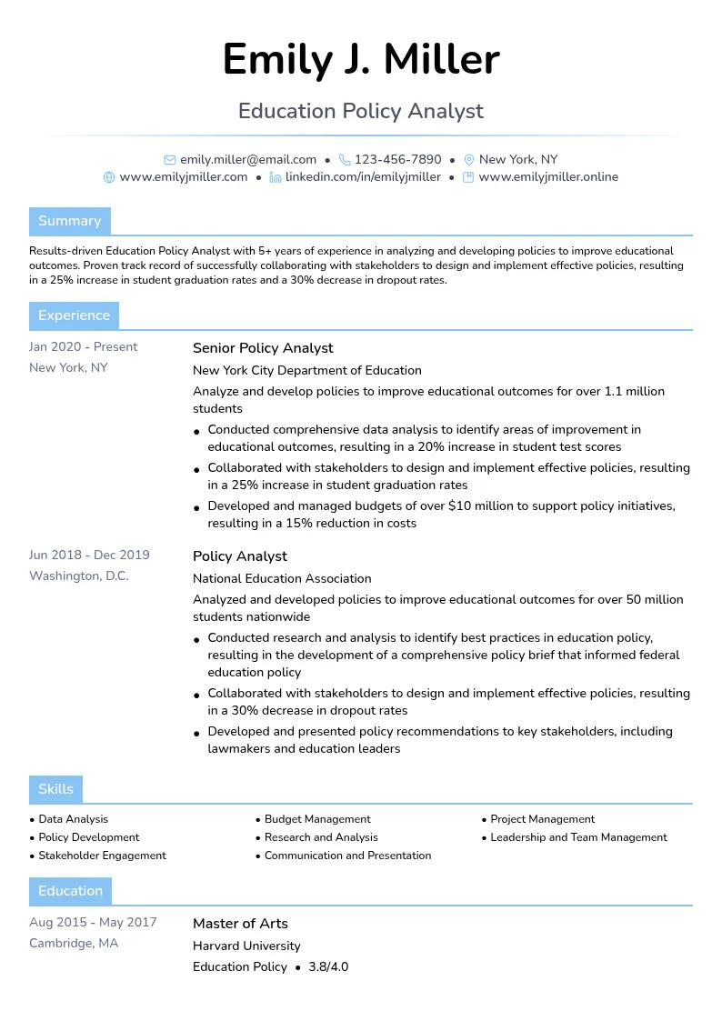 education policy analyst resume example