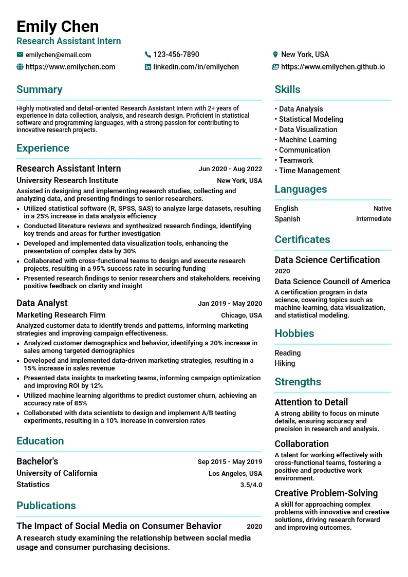 Research Assistant Intern resume example
