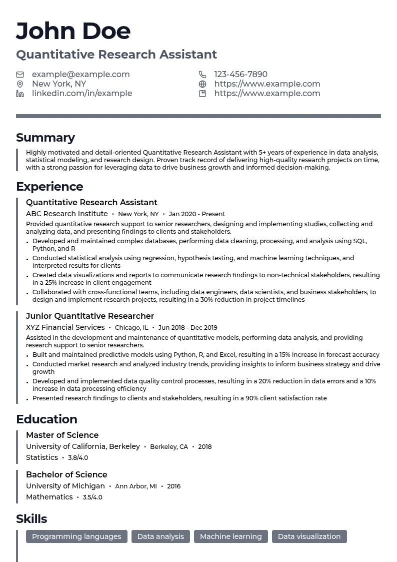 Quantitative Research Assistant resume example