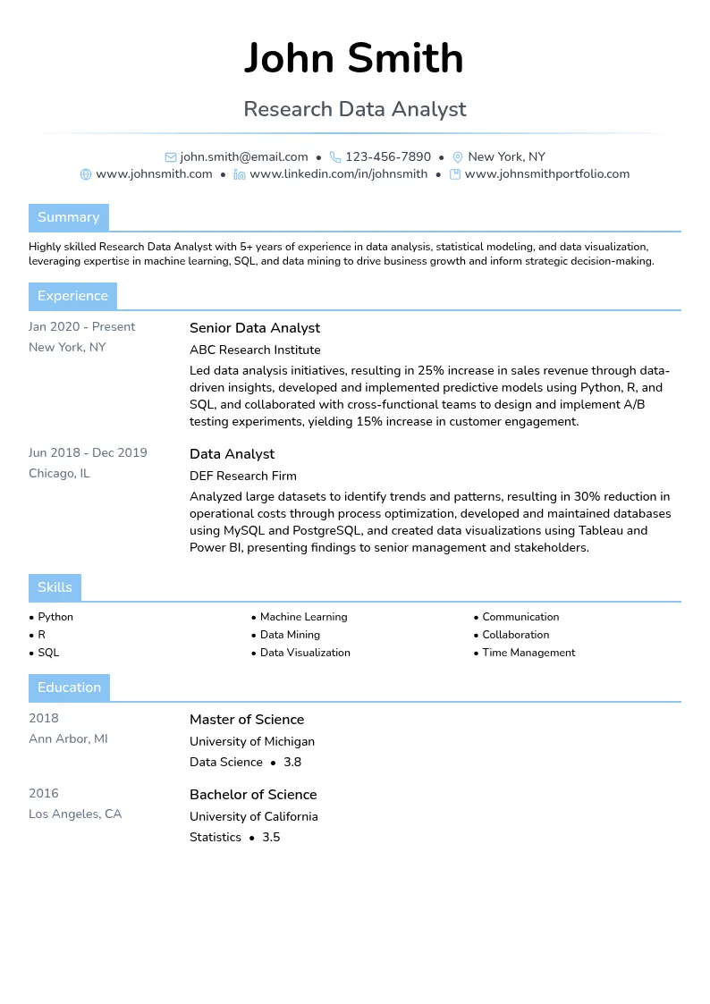 Research Data Analyst resume example