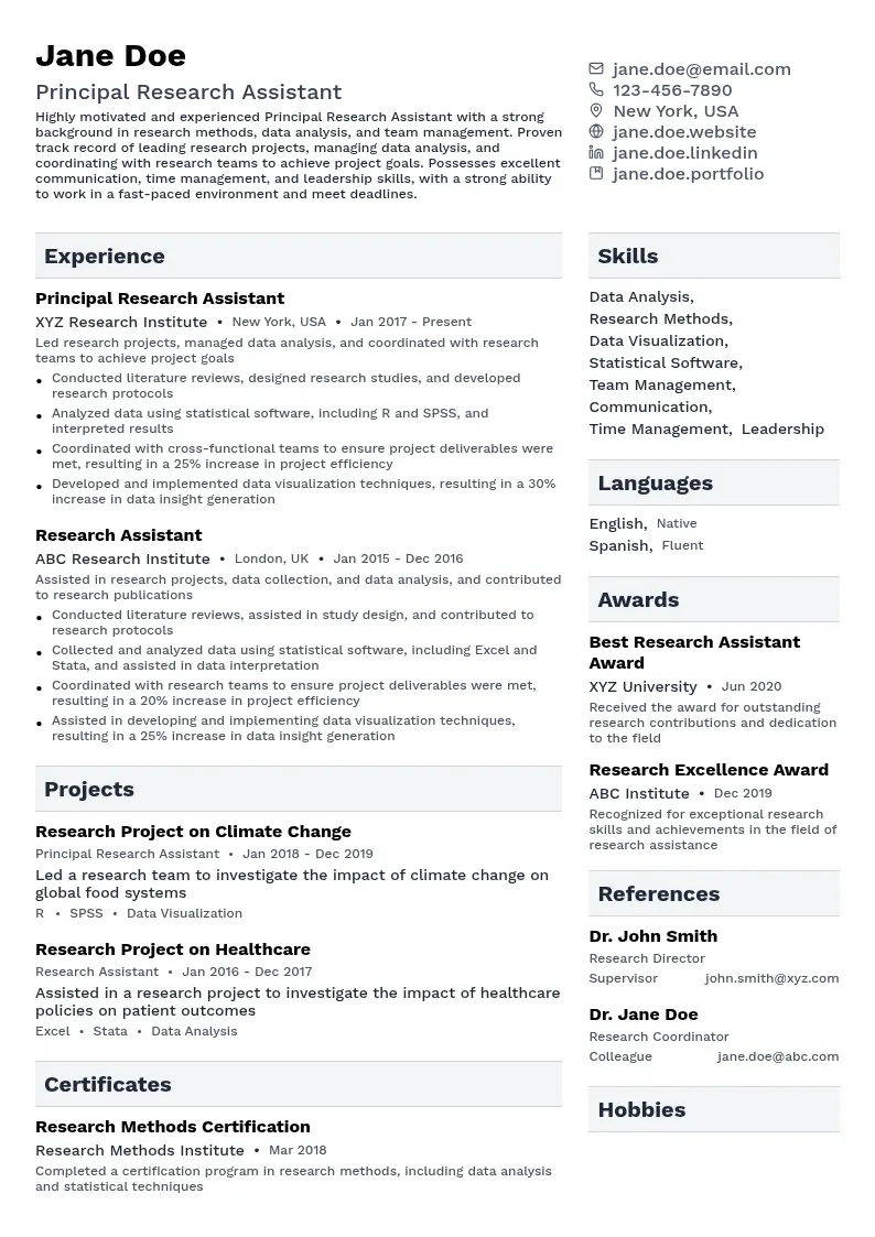 Principal Research Assistant resume example