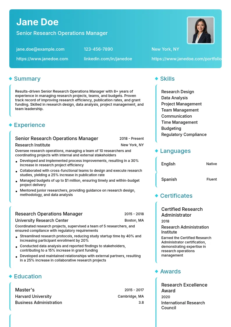 Senior Research Operations Manager resume example