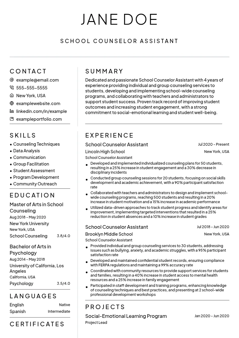 School Counselor Assistant resume example