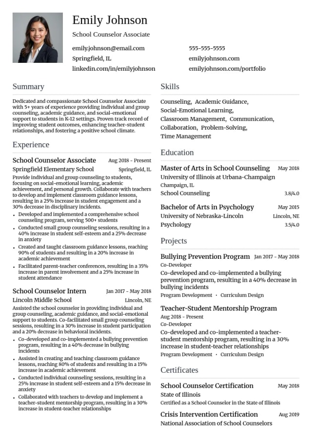 School Counselor Associate resume example