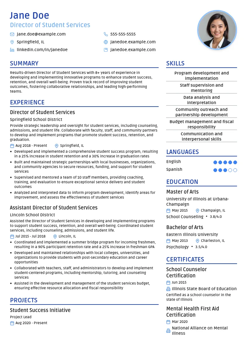 Director of Student Services resume example
