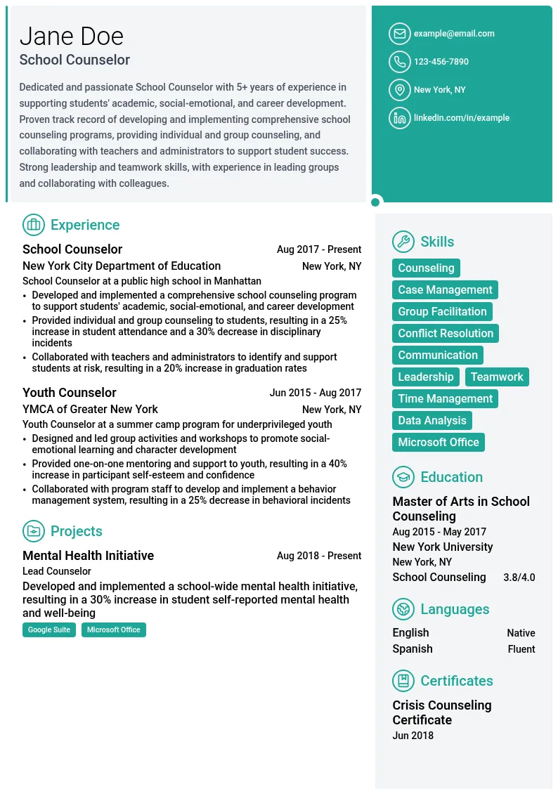 School Counselor resume example