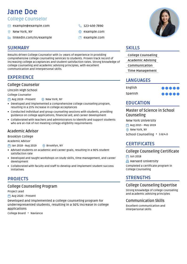 College Counselor resume example