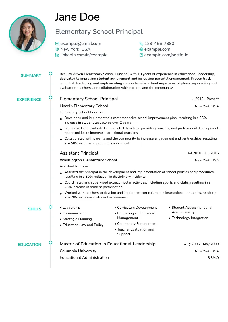 Elementary School Principal resume example