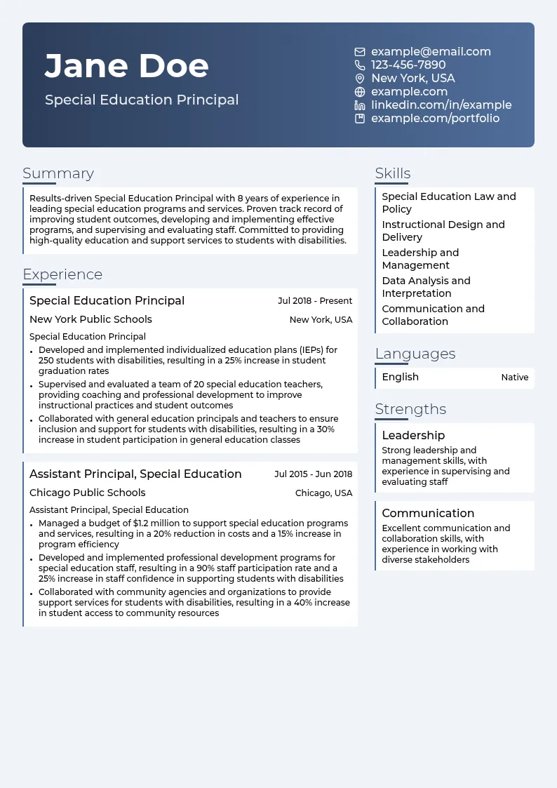 Special Education Principal resume example