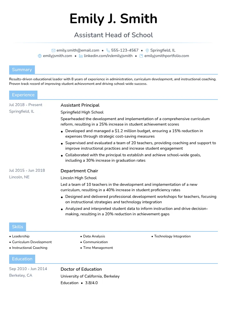 Assistant Head of School resume example