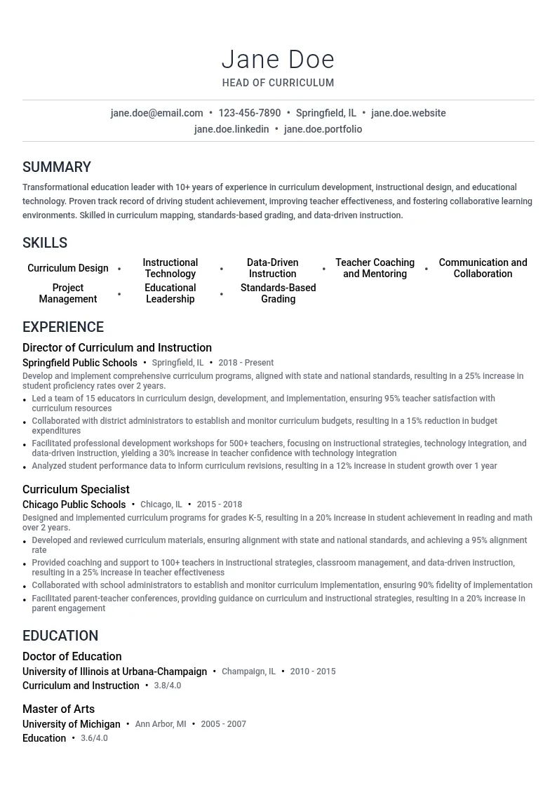 Head of Curriculum resume example