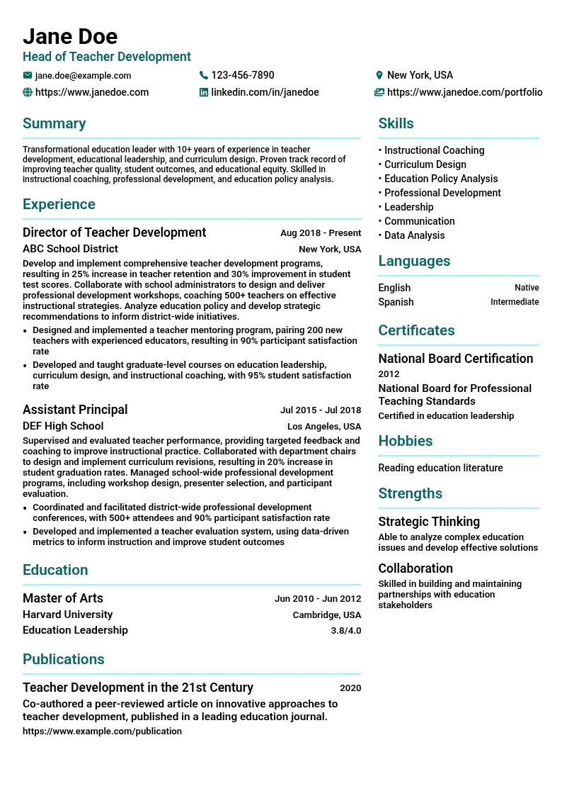 Head of Teacher Development resume example