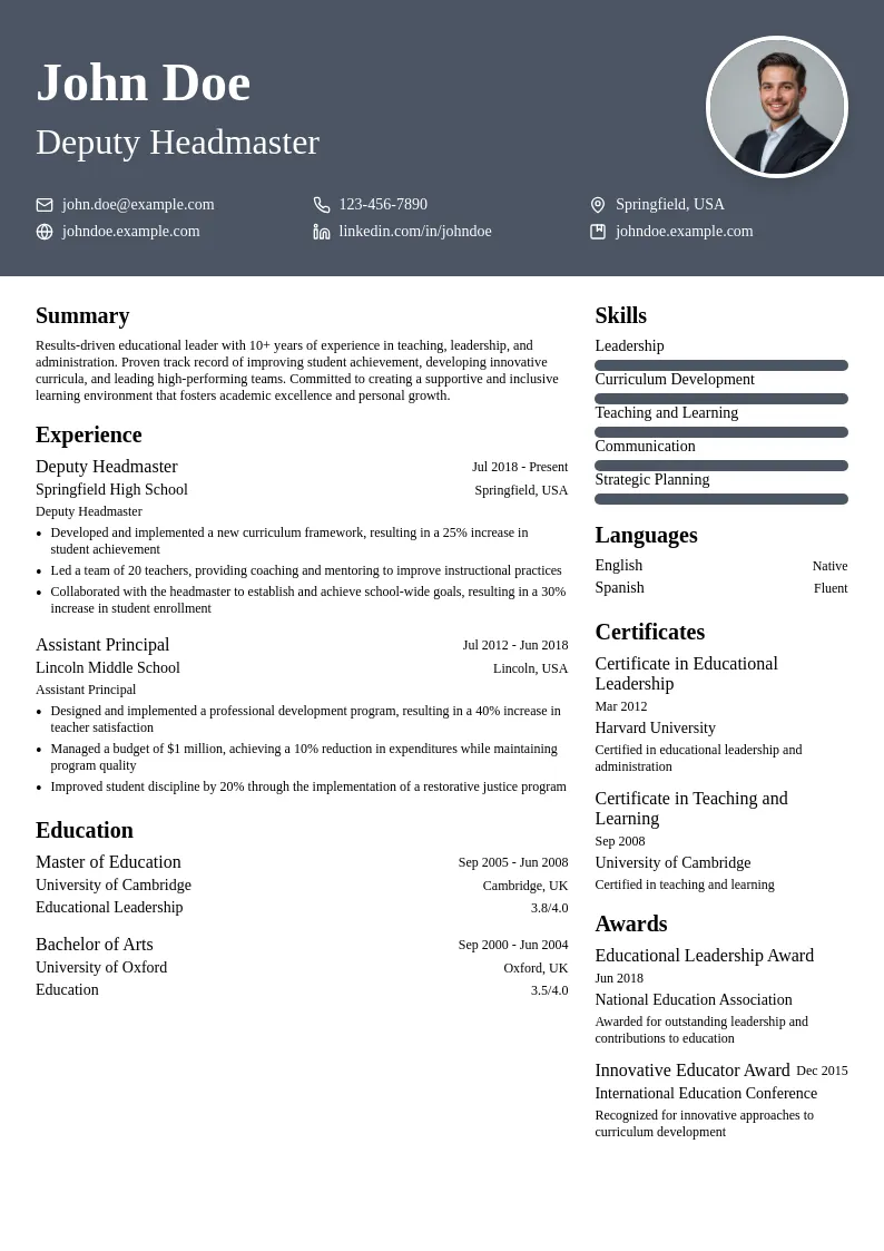Deputy Headmaster resume example