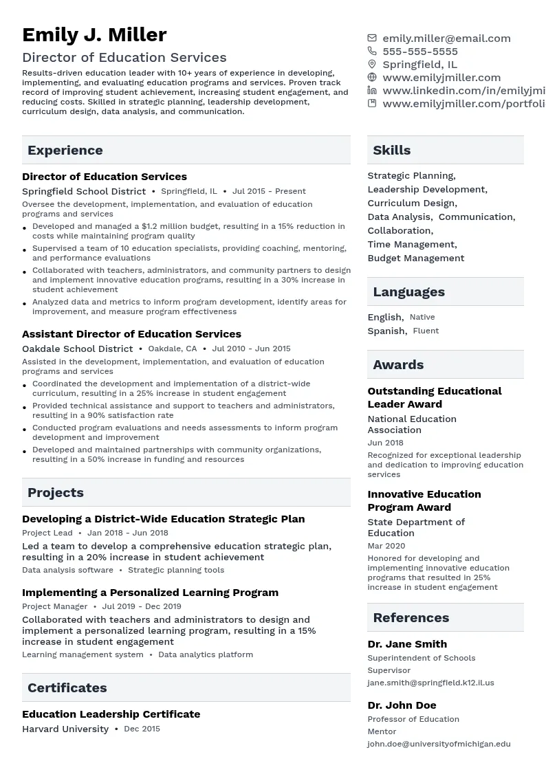 Director of Education Services resume example